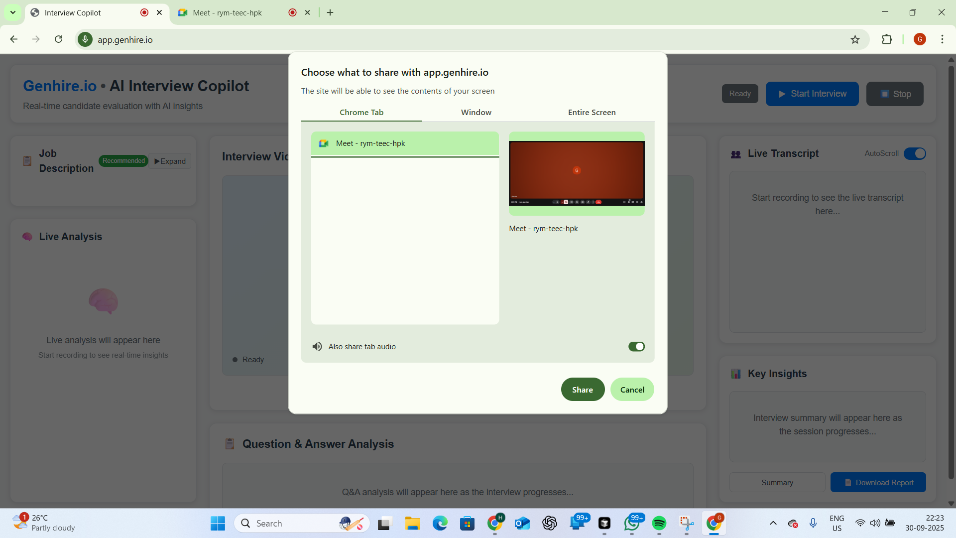 Chrome share dialog: choose Chrome tab and enable audio